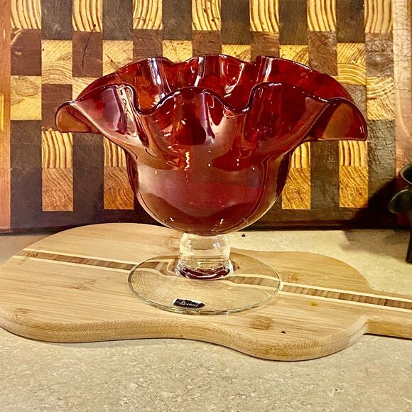 Vintage Bischoff Amberina ruffled compote bowl marked red hand made art glass - Picture 1 of 10